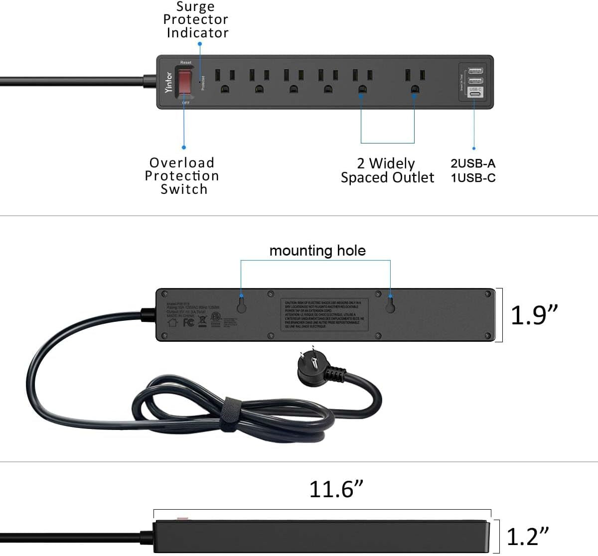 6Ft Surge Protector Power Strip with 6 Outlets & 3 USB Ports, Black
