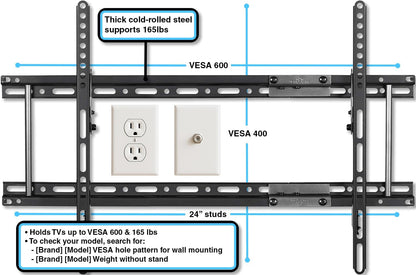 Tilt TV Mount Fits 32-86 Inch Tvs up to 165Lbs Max VESA 600X400Mm, with 10Ft HDMI Cable, Universal Flat Wall Mount Bracket, Fits 16-24" Studs, Ultra Low 1.3" Profile Adjusts to 15 Degree Tilt