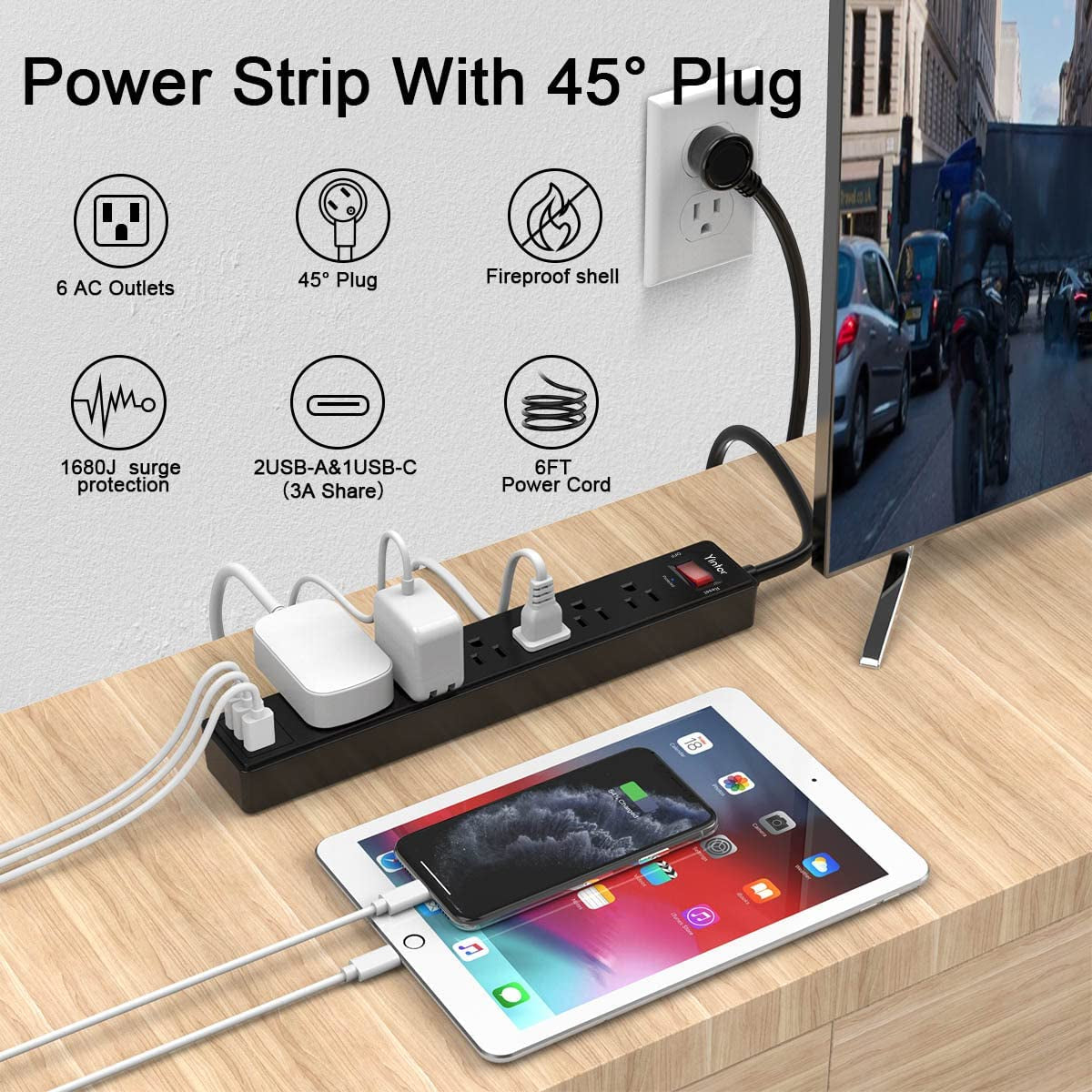 6Ft Surge Protector Power Strip with 6 Outlets & 3 USB Ports, Black