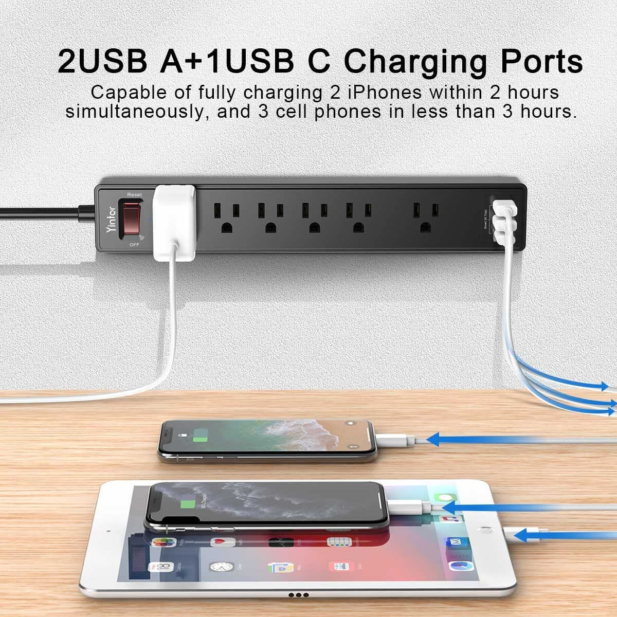6Ft Surge Protector Power Strip with 6 Outlets & 3 USB Ports, Black