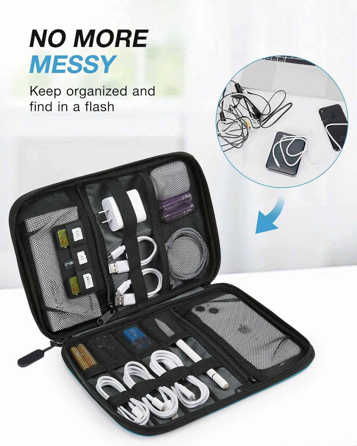 Large Electronics Organizer Travel Case for Tech Accessories, Blue