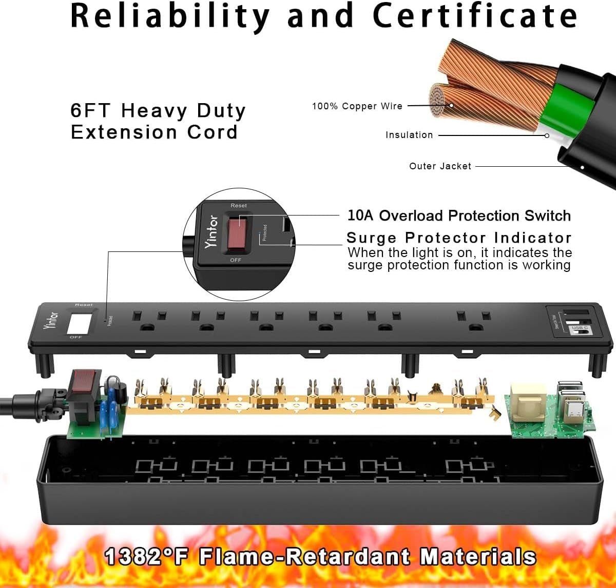 6Ft Surge Protector Power Strip with 6 Outlets & 3 USB Ports, Black