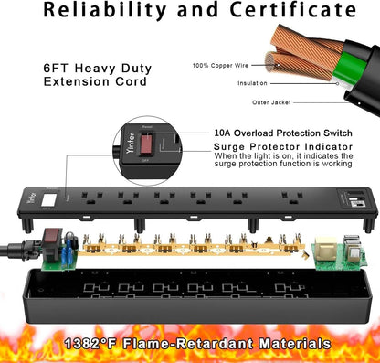 6Ft Surge Protector Power Strip with 6 Outlets & 3 USB Ports, Black
